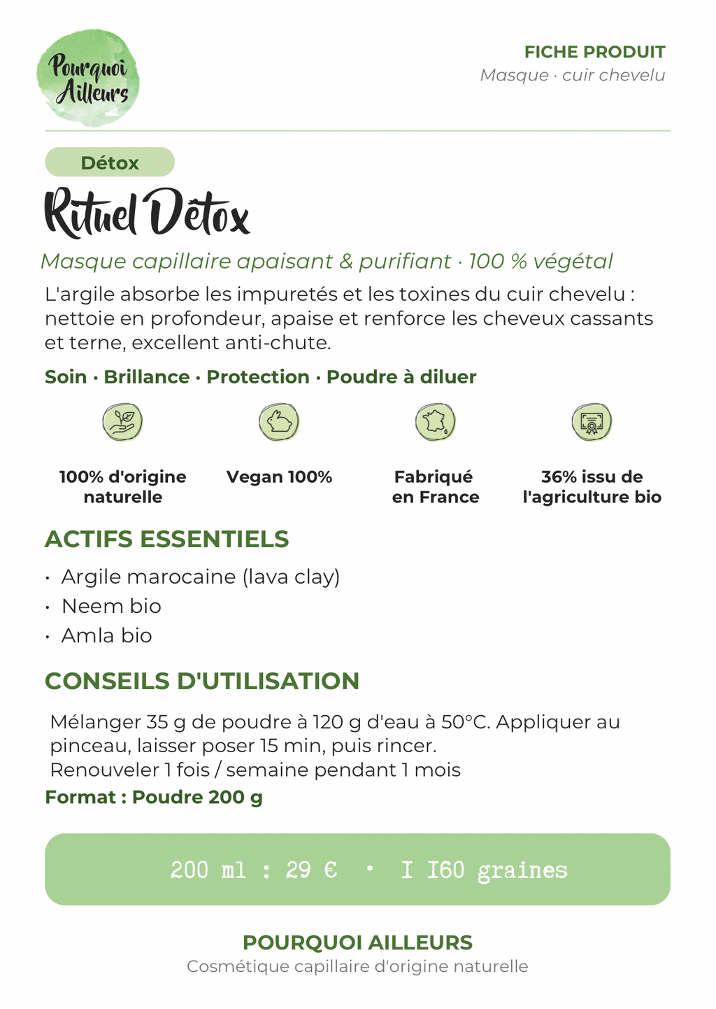 Rituel Détox – Masque traitant du cuir chevelu Apaisant & Purifiant 100 % Naturel – 200 g