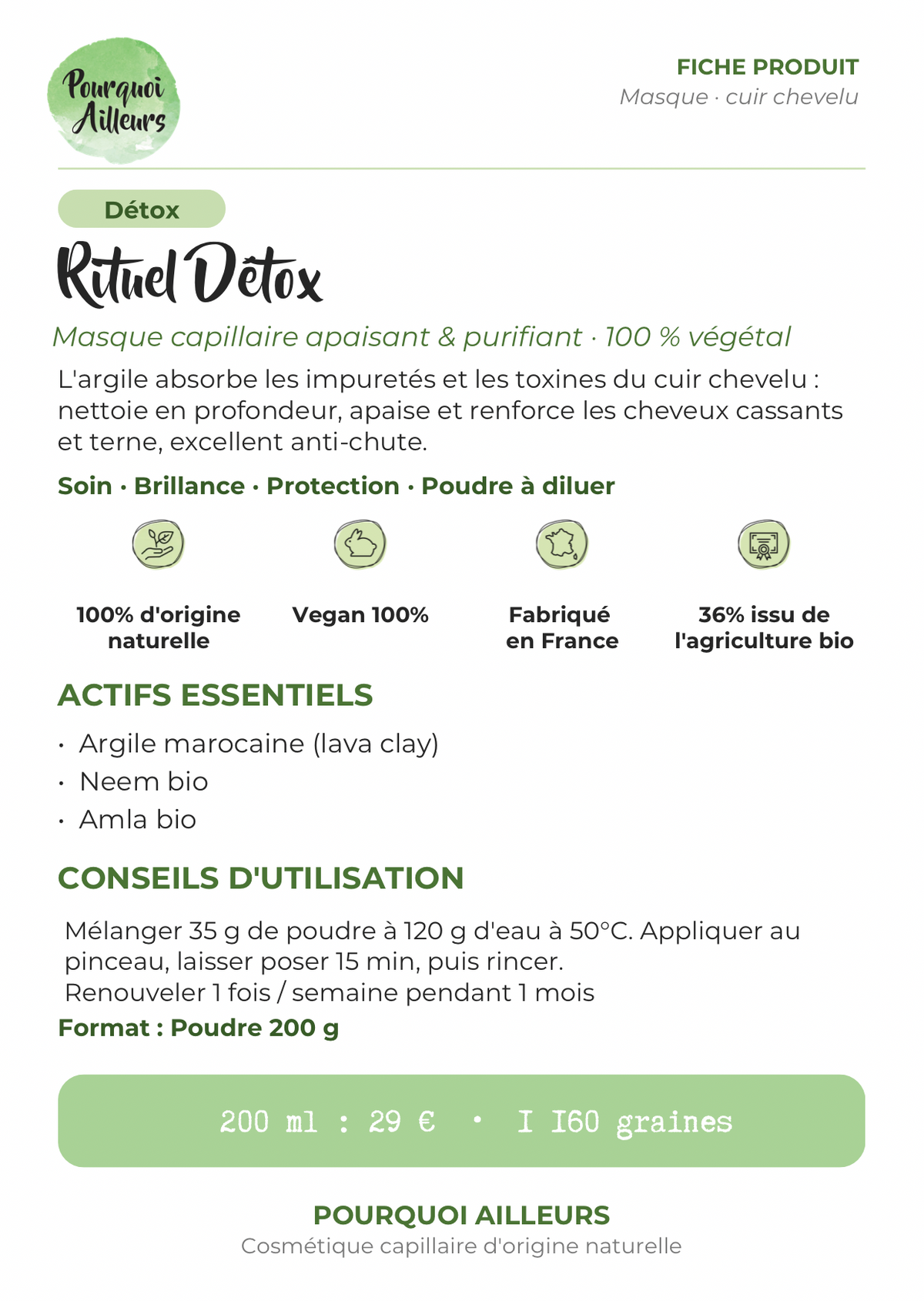 Rituel Détox – Masque traitant du cuir chevelu Apaisant & Purifiant 100 % Naturel – 200 g