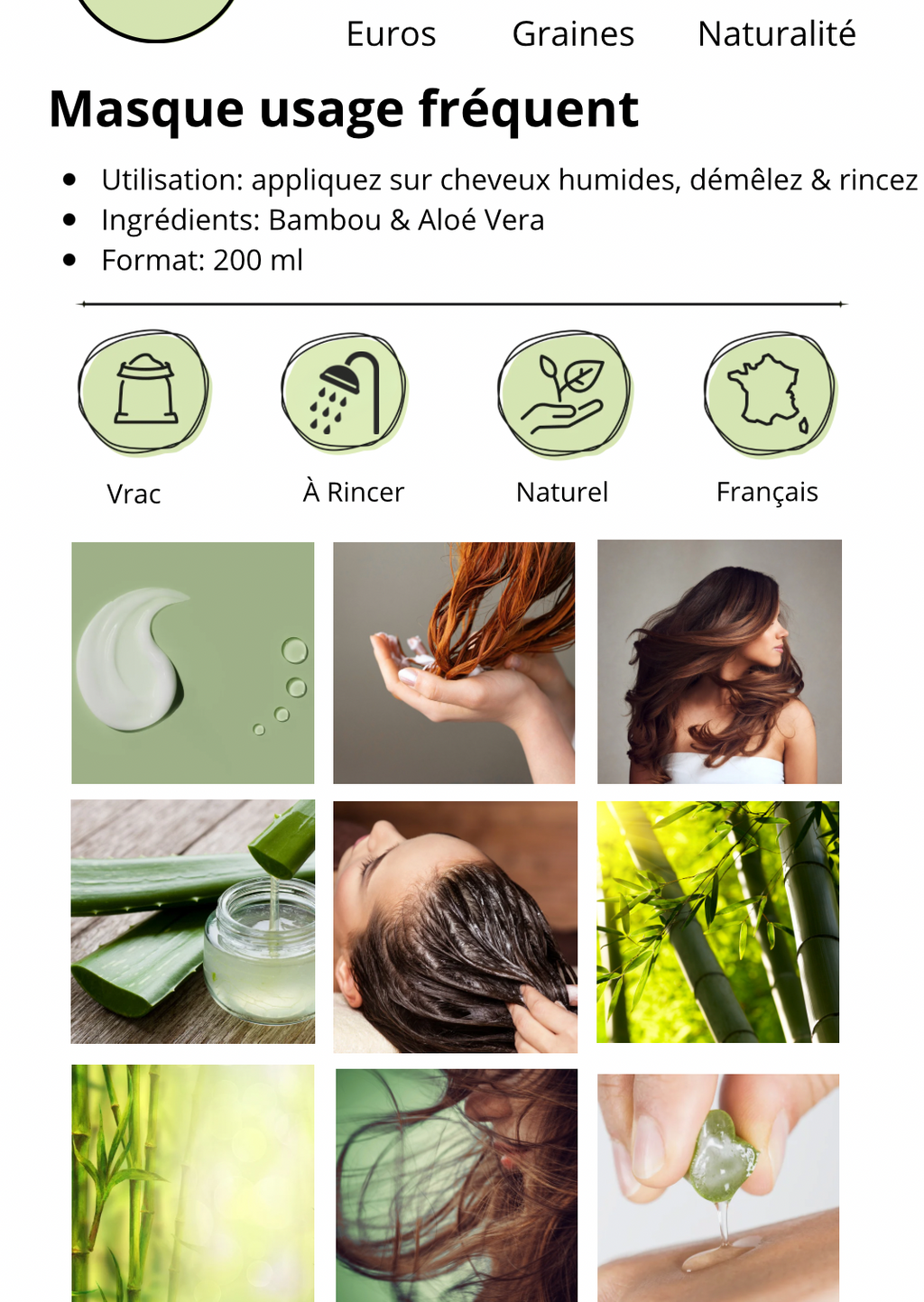Masque Cheveux Aloé Vera & Bambou – Volume & Hydratation Légère – 200 ml