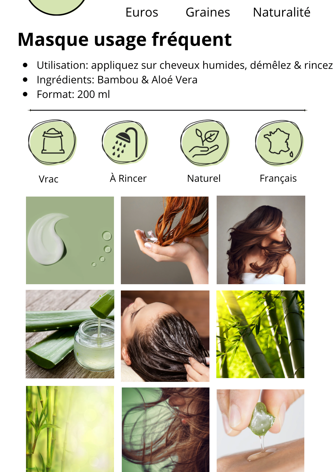 Masque Cheveux Aloé Vera & Bambou – Volume & Hydratation Légère – 200 ml